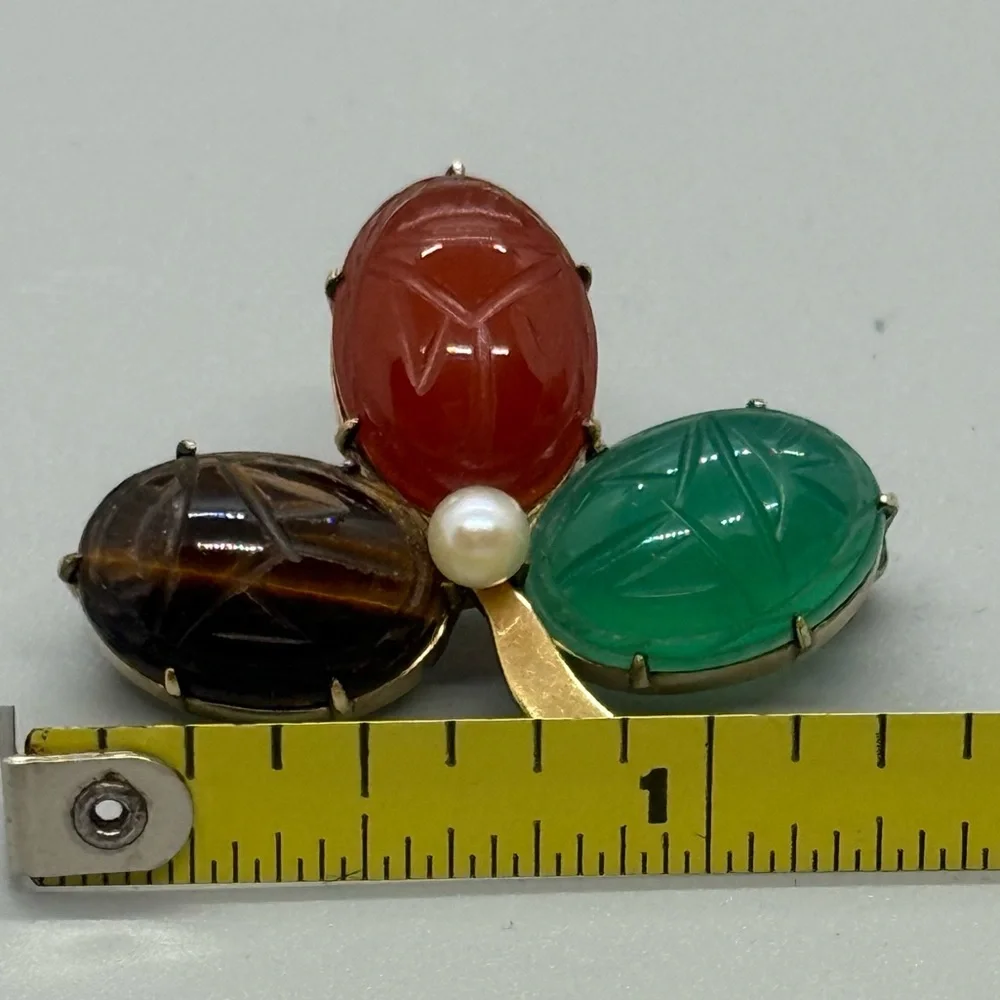 WRE Scarab Clover Brooch Carved Semi-Precious Stones 1/20 12kt Gold-Filled